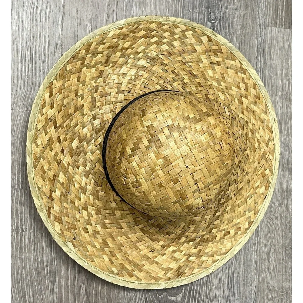 Sun Hat Wide Brim Woven Beige Straw Weave Black Ribbon‎ Band Beach Shade Outdoor
